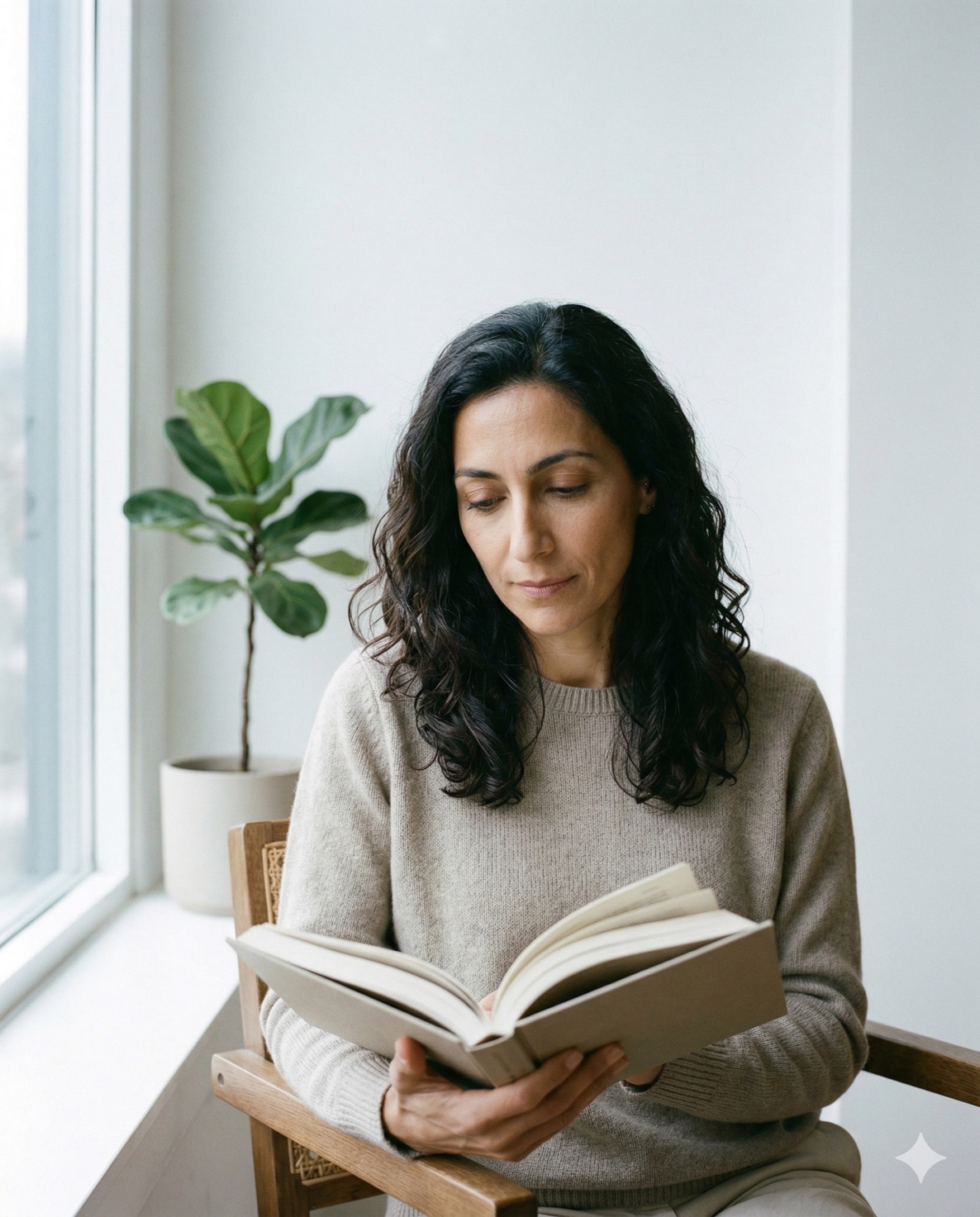 Elura — woman reading by a window, investing in understanding