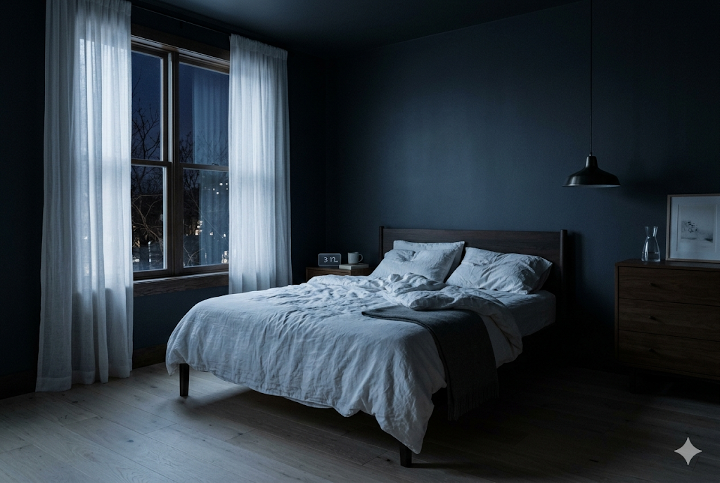 Dimly lit bedroom in early morning light