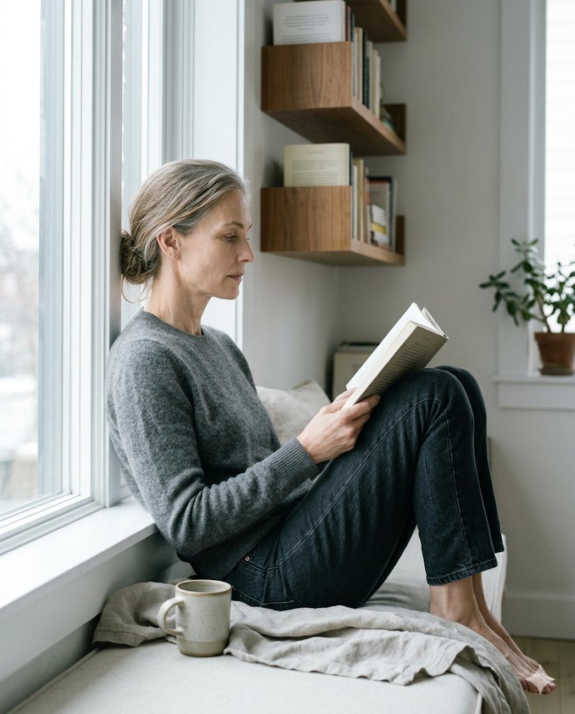 Elura — woman reading by window, finding clarity