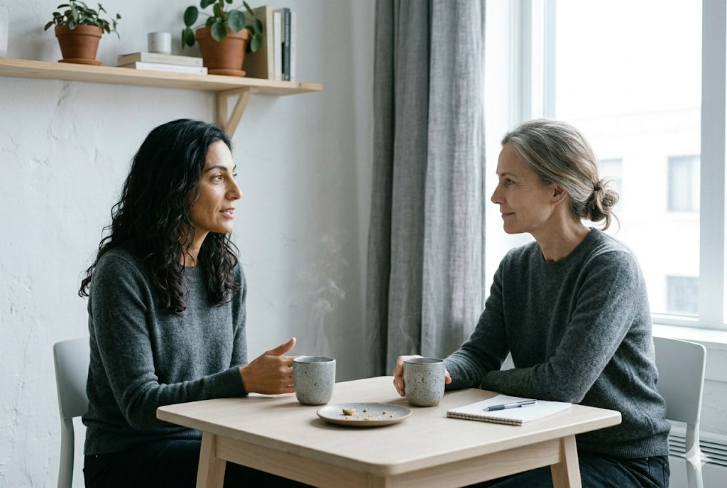 Two women in conversation about hormonal health — Elura Clarity Reset group session