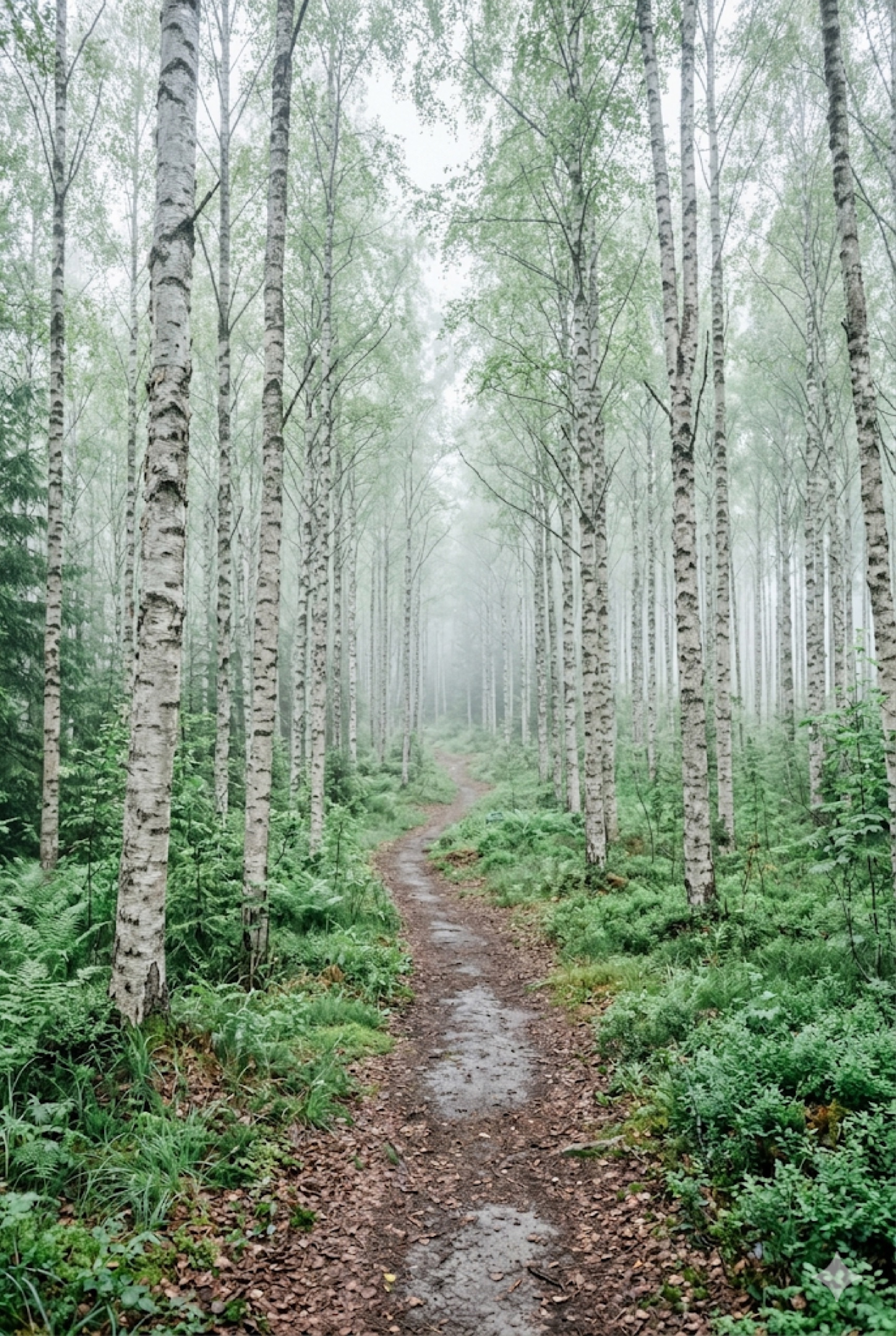 Elura — misty birch forest path, the journey toward clarity