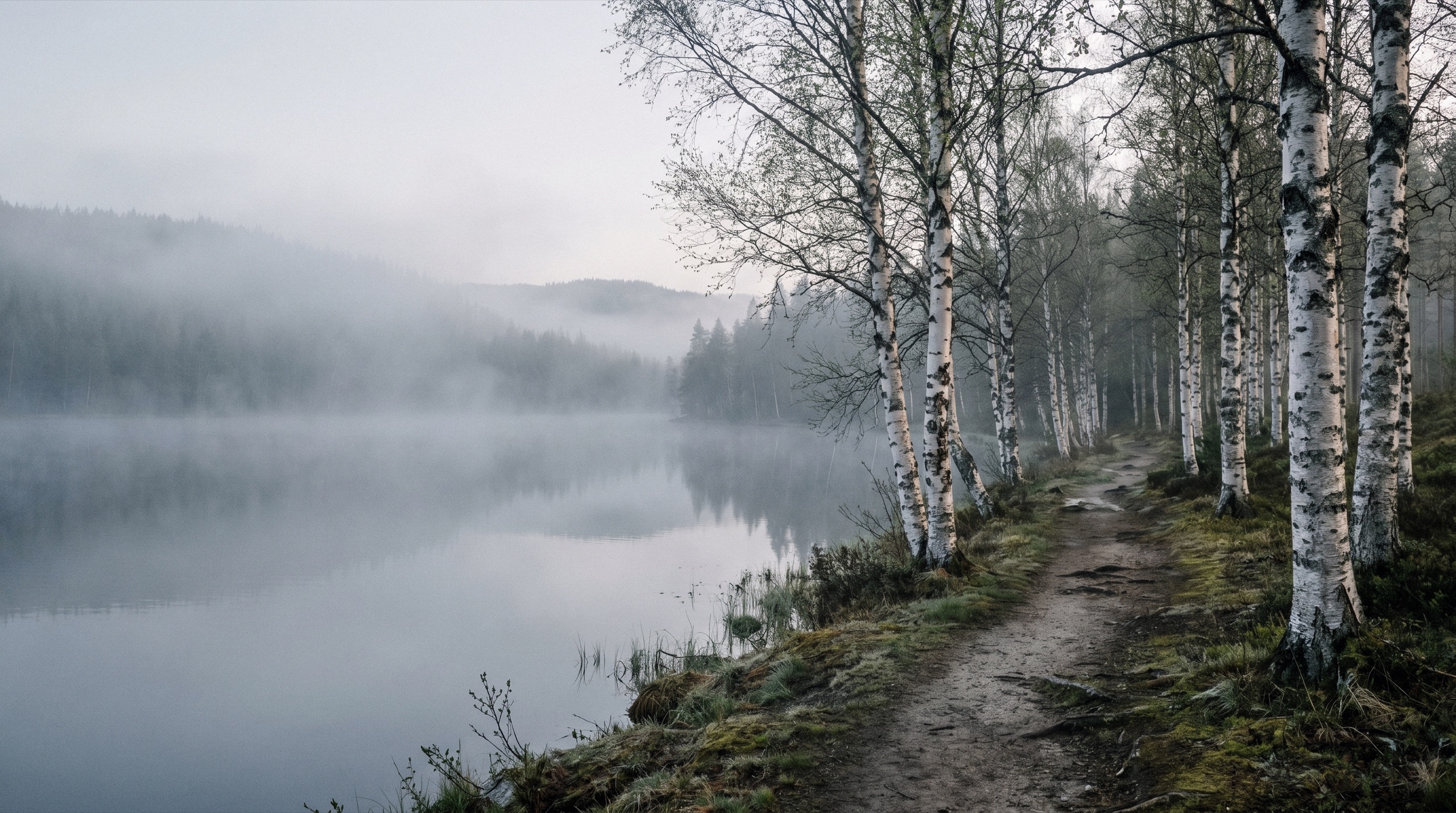 Birch-lined path beside a misty Nordic lake